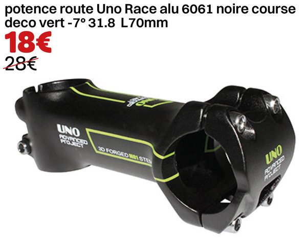 potence route Uno Race alu 6061 noire course deco vert -7° 31.8 L70mm