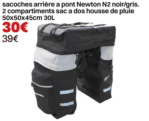 sacoches arrière a pont Newton N2 noir/gris. 2 compartiments sac a dos housse de pluie 50x50x45cm 30
