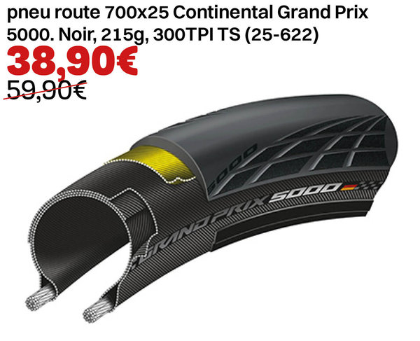 pneu route 700x25 Continental Grand Prix 5000. Noir, 215g, 300TPI TS (25-622)